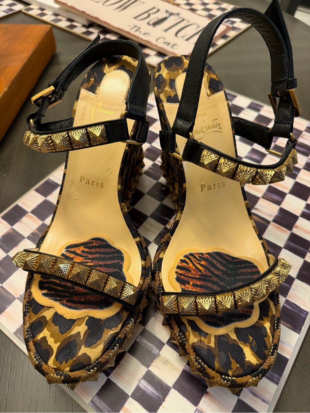 Christian Louboutin Leopard Print Sandals with Black Straps & Gold Studs